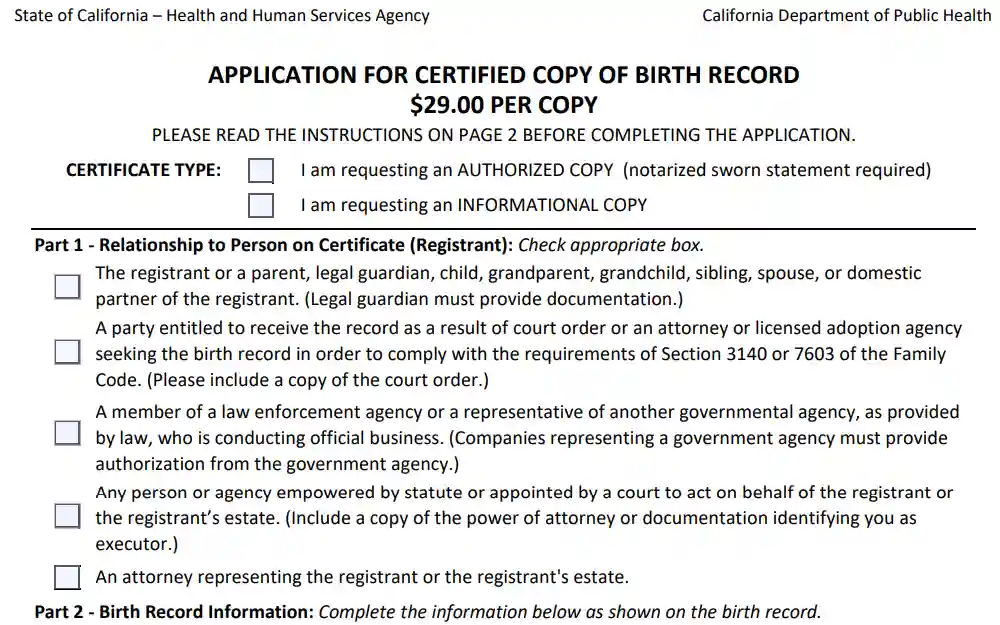 A screenshot of the form to request birth documents in the California Department of Public Health displays part 1, in which users must indicate the relationship to the person on the certificate.