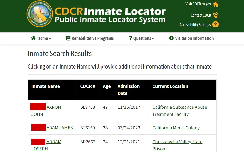 A screenshot of the CDCR Inmate Locator page displays the search results and lists inmates.