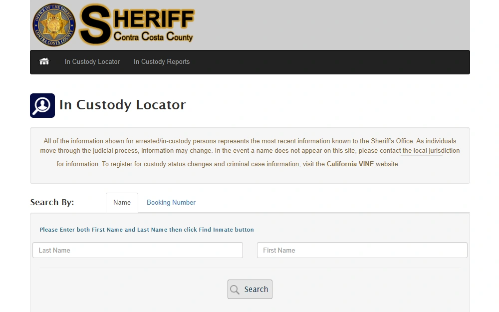 A screenshot of the In Custody Locator page on the Contra Costa County Sheriff's office website displays two search options: By Name or By Booking Number.