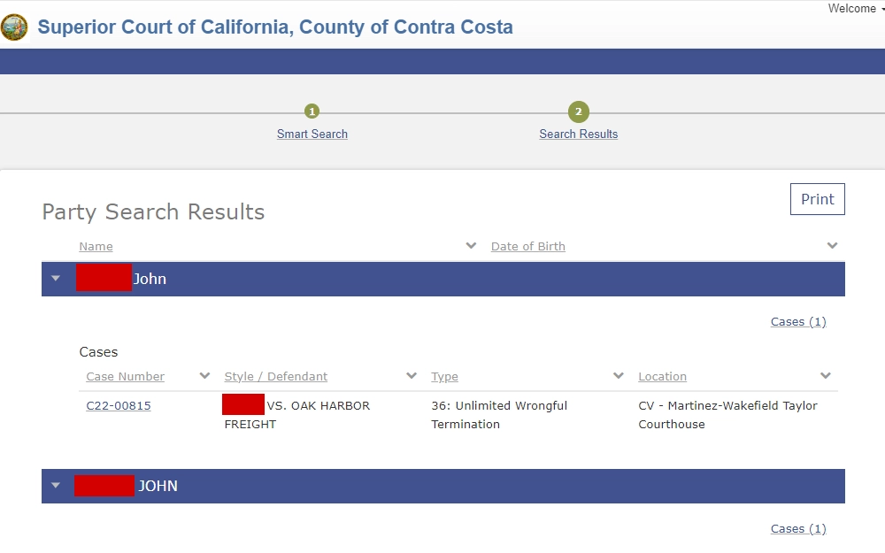 A screenshot from the Superior Court of California - Contra Costa County website displays detailed case information, including party name, date of birth, and case details.