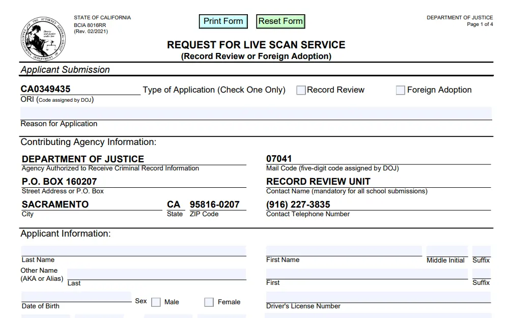 A screenshot of the Request for LiveScan Service Form from the California Department of Justice displays the information needed for the search.