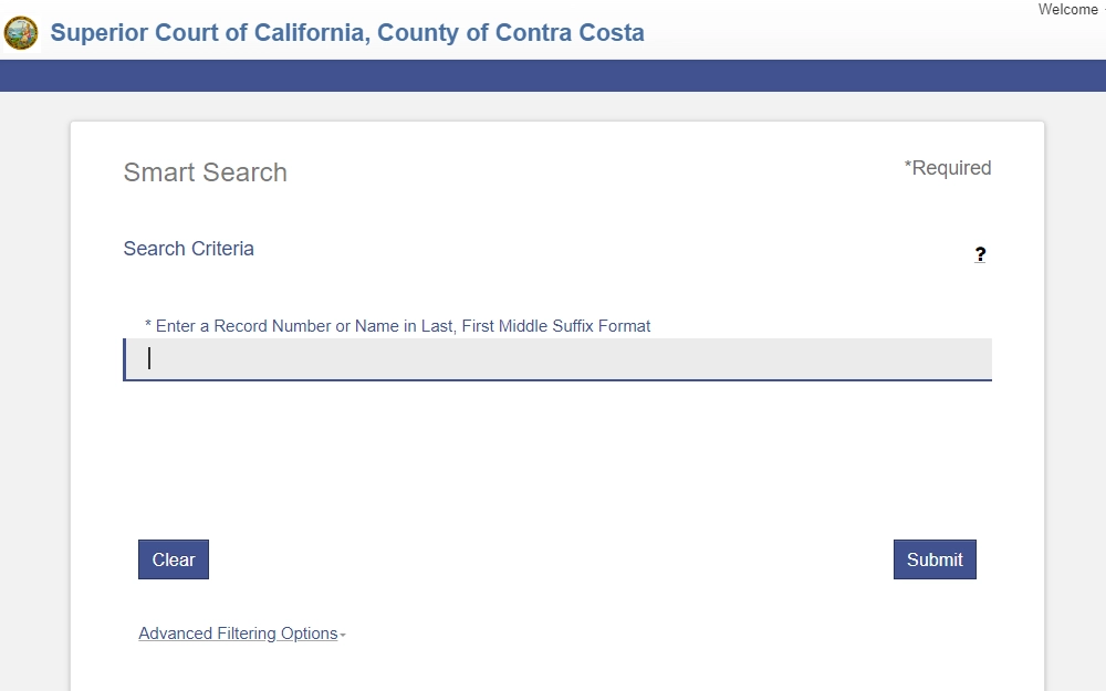 A screenshot of the Smart Search page on the Superior Court of California website to look for Contra Costa County case information requires users to input the record number or name in last name, first name suffix format.