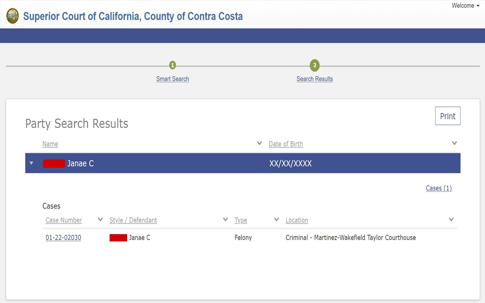 A screenshot of a party search results page from the Superior Court of California, County of Contra Costa, which shows an individual's name, date of birth, and a linked case number indicating the person is a defendant in a felony case located at the Martinez-Wakefield Taylor Courthouse.