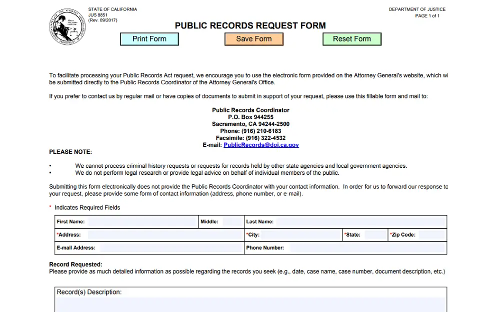 A screenshot showing a public records request form with information to be filled out, such as first, middle and last name, address, city, state, email address, phone number and records description.