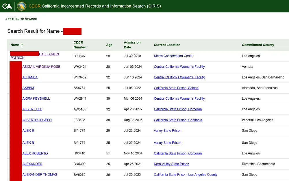 A screenshot displaying a CDCR California Incarcerated Records and Information Search results from the California Department of Corrections & Rehabilitation website with details such as complete name, CDCR number, age, admission date, current location, and commitment county.