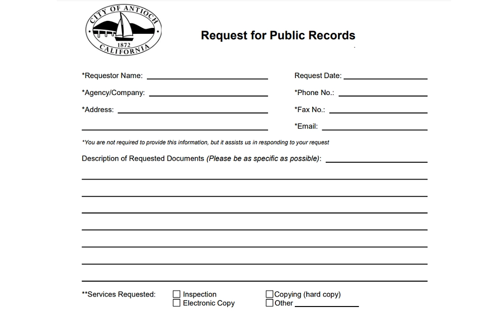 A screenshot of a public records request form with details to be filled in, such as the requestor's name, request date, agency or company, phone number, address, fax number, email address, and others, from the Antioch City Clerk's Office website.